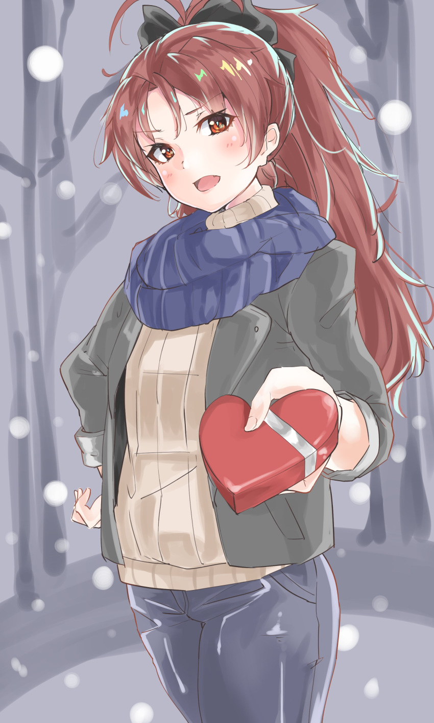 1girl, absurdres, ahoge, alternate_costume, blush, chocolate, fang, hand_on_hip