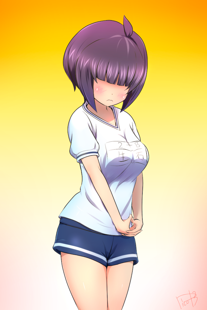 1girl, bangs, blue_shorts, blunt_bangs, blush, breasts, character_request, closed_mouth, commentary_request, cowboy_shot, facing_viewer, gym_shirt, gym_shorts, gym_uniform, hair_over_eyes, large_breasts, name_tag, own_hands_together, picolette_xiii, purple_hair, ryuuou_no_oshigoto!, shirt, short_hair, short_shorts, short_sleeves, shorts, sidelocks, signature, solo, white_shirt