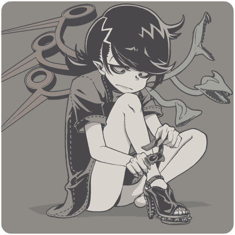 1girl, asymmetrical_wings, black_dress, black_hair, dress, frustrated, grey_background, greyscale