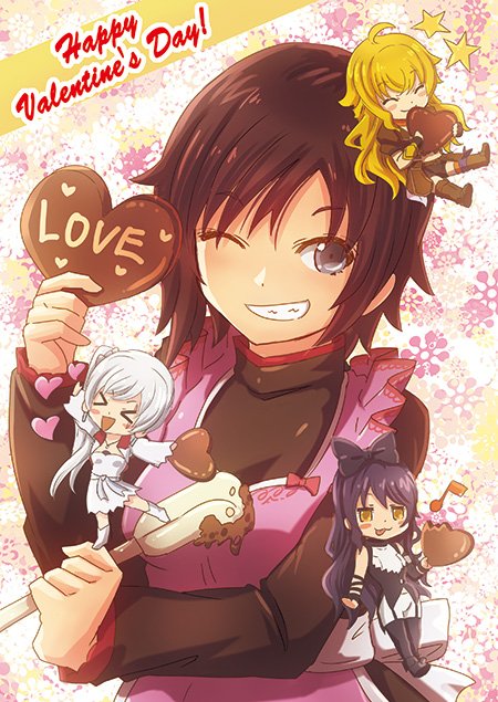 4girls, apron, blake_belladonna, chibi, chocolate, chocolate_heart, closed_eyes, english