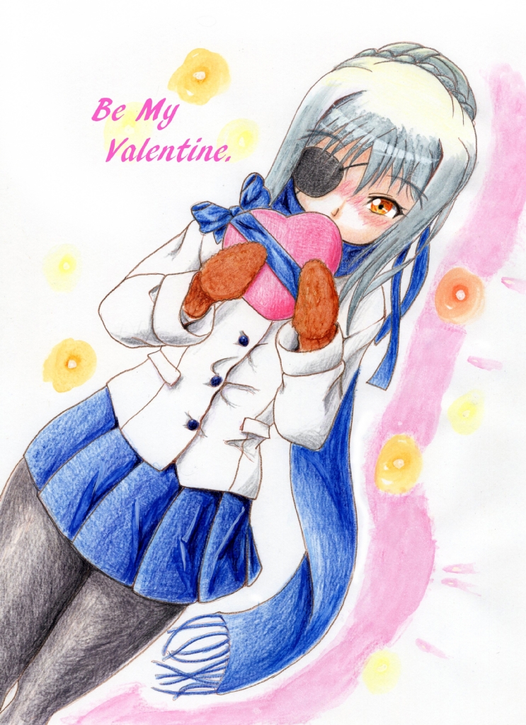 1girl, alternate_hairstyle, artoria_pendragon_(all), black_legwear, blue_scarf, blue_skirt, blush, bow, box, braid, brown_eyes, cinque_(nanoha), cosplay, embarrassed, eyepatch, fate/stay_night, fate_(series), french_braid, gift, gift_box, heart-shaped_box, kenlokupark, long_hair, lyrical_nanoha, mahou_shoujo_lyrical_nanoha_strikers, mittens, numbers_(nanoha), pantyhose, saber, saber_(cosplay), scarf, silver_hair, skirt, solo, traditional_media, valentine