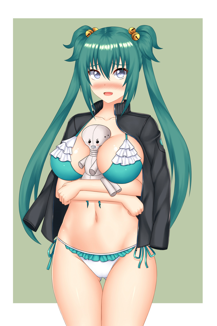 1girl, absurdres, arm_across_waist, bell, between_breasts, bikini, blue_eyes, blush