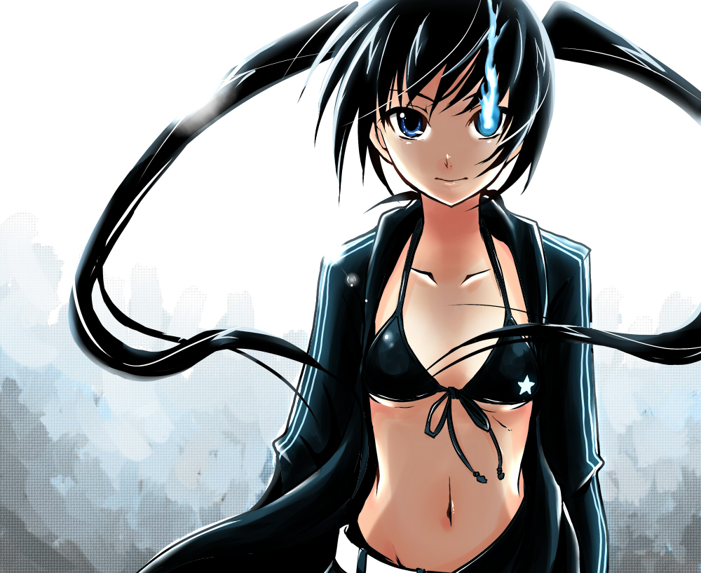 1girl, bikini_top, black_hair, black_rock_shooter, black_rock_shooter_(character), blue_eyes, breasts, long_hair