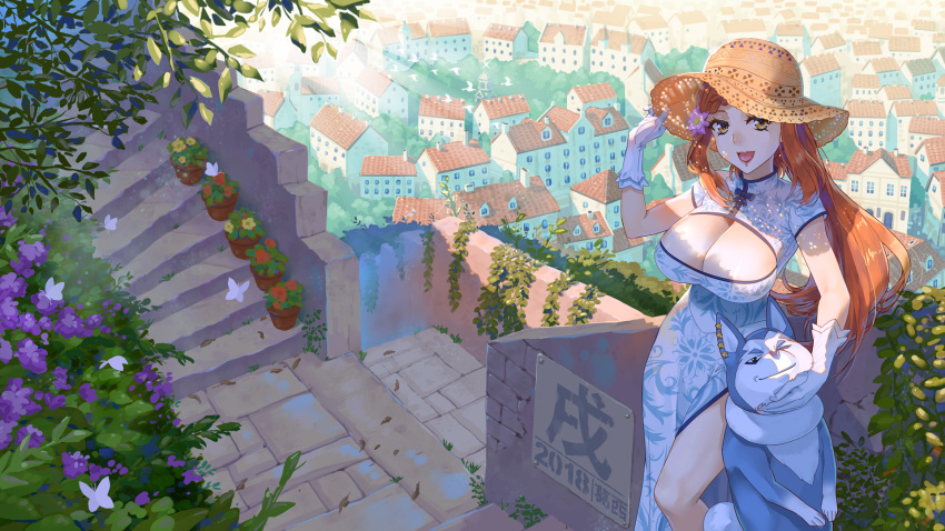 1girl, 2018, breasts, butterfly, china_dress, chinese_clothes, cityscape, cleavage