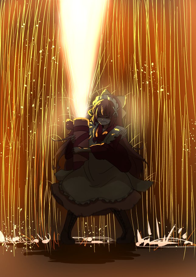 1girl, boots, bow, closed_eyes, commentary_request, cross-laced_footwear, exploding, fireworks