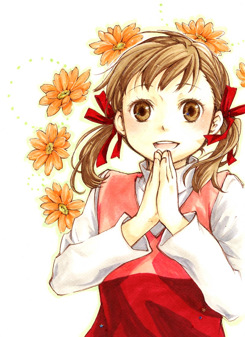 bad_id, brown_eyes, brown_hair, child, doujima_nanako, dress, flower, hair_ribbon