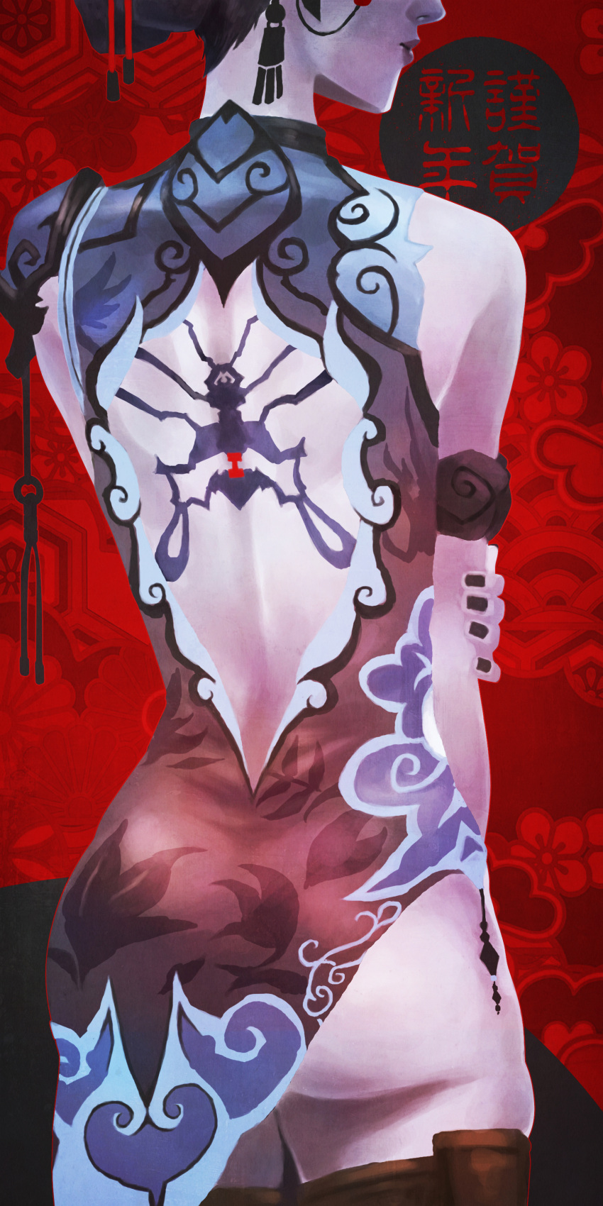 1girl, absurdres, alternate_costume, ass, back, back_cutout, back_tattoo, black_lily_widowmaker