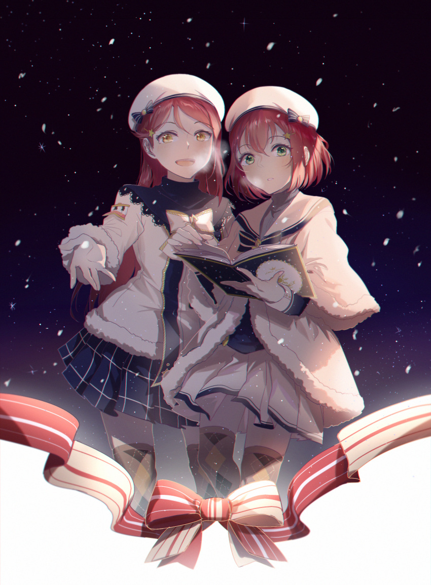 2girls, :d, blue_skirt, book, cicirelrel, green_eyes, hair_ornament, hat, highres, kurosawa_ruby, long_hair, love_live!, love_live!_sunshine!!, miniskirt, multiple_girls, open_book, open_mouth, parted_lips, pleated_skirt, redhead, sakurauchi_riko, short_hair, skirt, smile, star, star_hair_ornament, thigh-highs, white_hat, white_skirt, yellow_eyes, zettai_ryouiki