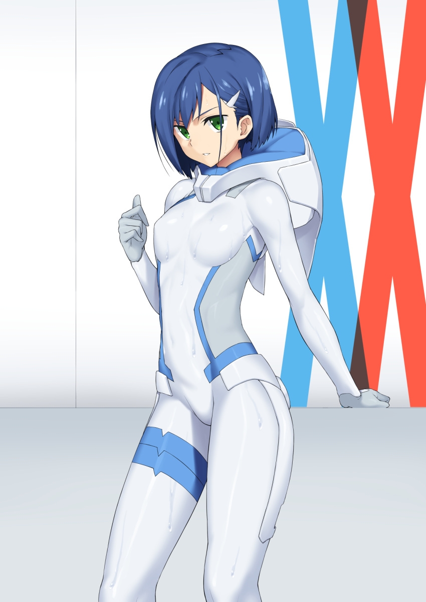 1girl, bangs, blue_hair, bnc_(bunshi), bodysuit, breasts, cowboy_shot, darling_in_the_franxx