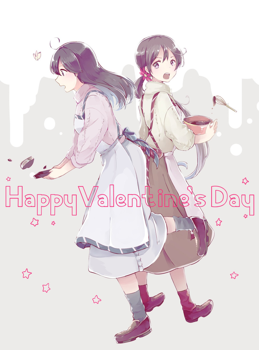 >:o, 2girls, ahoge, akebono_(kantai_collection), apron, black_hair, bowl, breasts, brown_footwear, chocolate, flower, from_side, full_body, grey_legwear, hair_flower, hair_ornament, hia, highres, holding, holding_bowl, kantai_collection, large_breasts, loafers, long_hair, looking_at_another, multiple_girls, purple_hair, purple_sweater, rabbit, shoes, side_ponytail, socks, spatula, sweater, ushio_(kantai_collection), valentine, very_long_hair, white_sweater