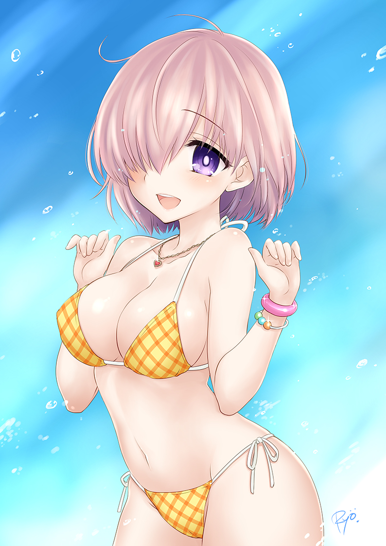 1girl, bikini, blue_background, bracelet, breasts, cowboy_shot, fate/grand_order, fate_(series), gradient, gradient_background, hair_over_one_eye, jewelry, lavender_hair, looking_at_viewer, mash_kyrielight, medium_breasts, necklace, open_mouth, ozaki_mirai, plaid, plaid_bikini, shielder_(fate/grand_order), short_hair, side-tie_bikini, smile, solo, swimsuit, violet_eyes, yellow_bikini