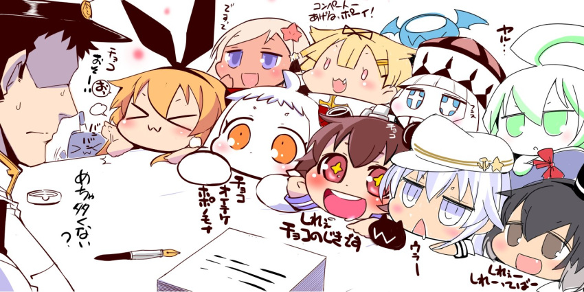 >_<, +_+, 1boy, 6+girls, :3, :d, admiral_(kantai_collection), ahoge, arm_up, ashtray, black_hair, blonde_hair, blue_eyes, blush_stickers, bow, brown_eyes, brown_hair, chibi, closed_eyes, commentary_request, covered_mouth, drooling, enemy, enemy_aircraft_(kantai_collection), epaulettes, faceless, faceless_male, fang, flailing, flat_cap, flower, fountain_pen, gloves, green_eyes, hair_between_eyes, hair_bow, hair_flaps, hair_flower, hair_ornament, hairband, hairclip, hammer_and_sickle, hand_on_own_cheek, hand_up, hat, hibiki_(kantai_collection), kantai_collection, long_hair, long_sleeves, military, military_uniform, mini_hat, mittens, multiple_girls, northern_ocean_hime, northern_water_hime, open_mouth, orange_eyes, paper_stack, peaked_cap, pen, remodel_(kantai_collection), ro-500_(kantai_collection), sako_(bosscoffee), scarf, shimakaze_(kantai_collection), shinkaisei-kan, smile, star, star-shaped_pupils, submarine_new_hime, sweatdrop, symbol-shaped_pupils, tan, tokitsukaze_(kantai_collection), top_hat, translation_request, triangle_mouth, uniform, verniy_(kantai_collection), white_hair, x3, xd, yukikaze_(kantai_collection), yuudachi_(kantai_collection)