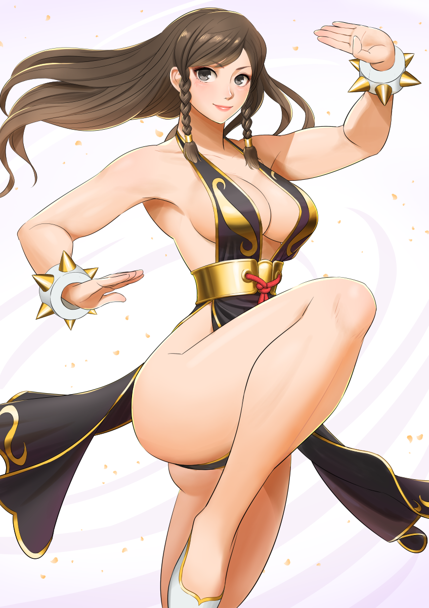 1girl, alternate_costume, alternate_hairstyle, bracelet, breasts, brown_hair, chun-li, dress