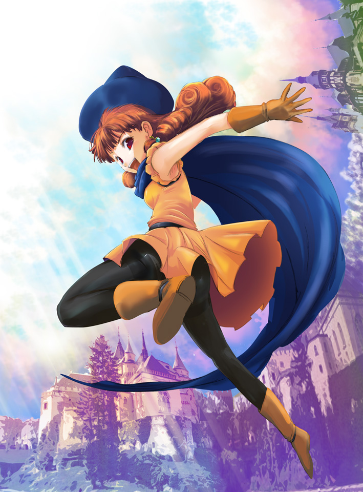 1girl, alena_(dq4), black_legwear, cape, curly_hair, dragon_quest, dragon_quest_iv, hat