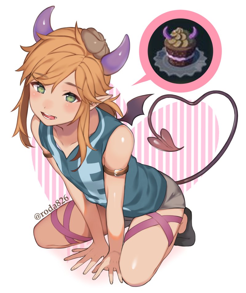 1boy, blonde_hair, blue_eyes, blush, demon_tail, link, long_hair, looking_at_viewer, male_focus, pointy_ears, ponytail, roda_(roda826), shors, short_hair, smile, solo, tail, the_legend_of_zelda, the_legend_of_zelda:_breath_of_the_wild, trap