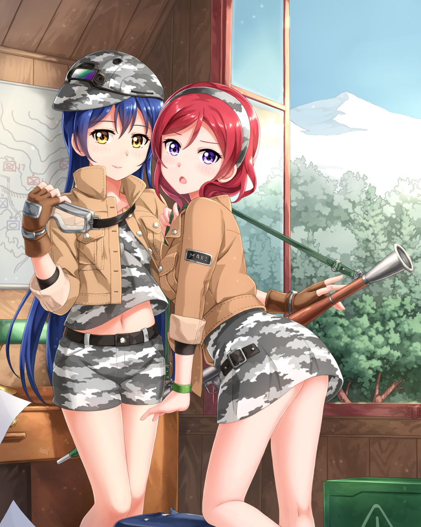 2girls, :o, belt, blue_hair, brown_gloves, camouflage, camouflage_hairband, camouflage_hat