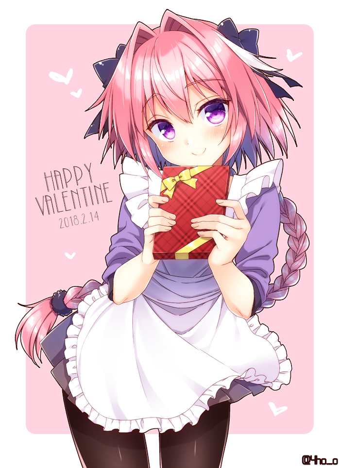 1boy, aichi_shiho, apron, astolfo_(fate), bangs, black_ribbon, black_scrunchie, blush