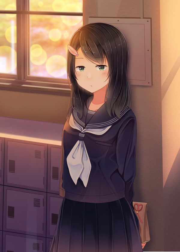 1girl, bag, bangs, behind_back, black_hair, blurry, blush, bokeh