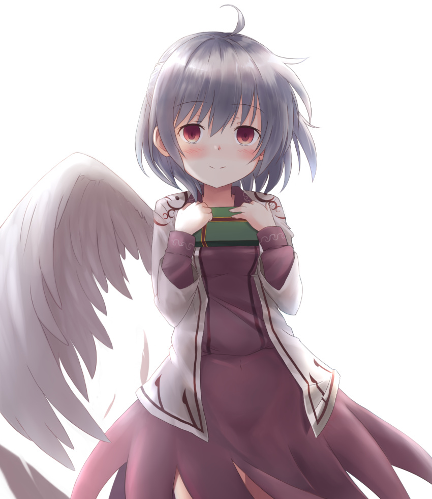 1girl, angel_wings, bangs, blush, box, bright_background, closed_mouth, commentary_request