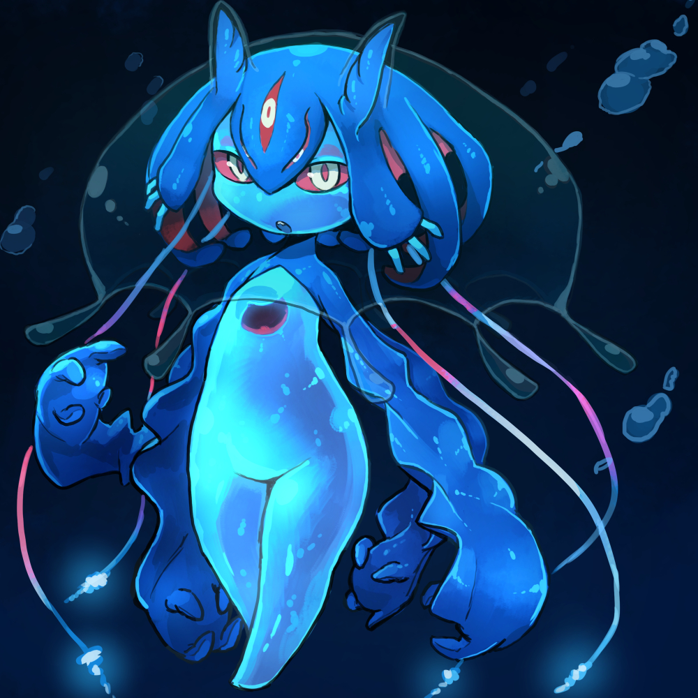 1girl, blue_hair, blue_skin, bubble, extra_eyes, jellyfish, kamukamu6392, long_arms, looking_at_viewer, monster_girl, open_mouth, original, red_sclera, see-through, solo, tentacle_hair, underwater, yellow_eyes