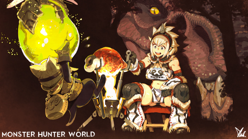 1girl, :d, anjanath, arm_rest, armor, bag, bangs, bare_shoulders