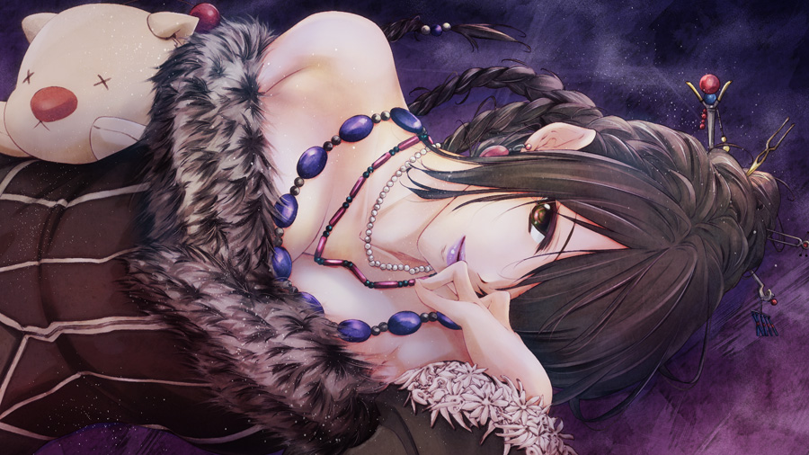 1girl, bare_shoulders, black_hair, braid, brown_eyes, closed_mouth, doll, final_fantasy, final_fantasy_x, fur_trim, hair_ornament, hair_stick, jewelry, long_hair, looking_at_viewer, lulu_(ff10), lying, moogle, necklace, on_side, purple_background, smile, solo, teeta_j, x_x