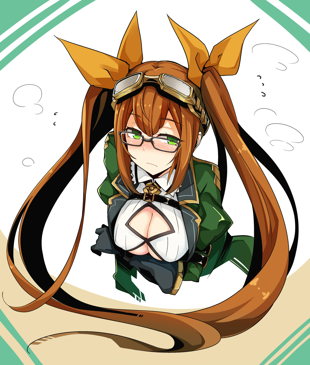1girl, bespectacled, biting, black-framed_eyewear, blush, breasts, brown_hair, cleavage