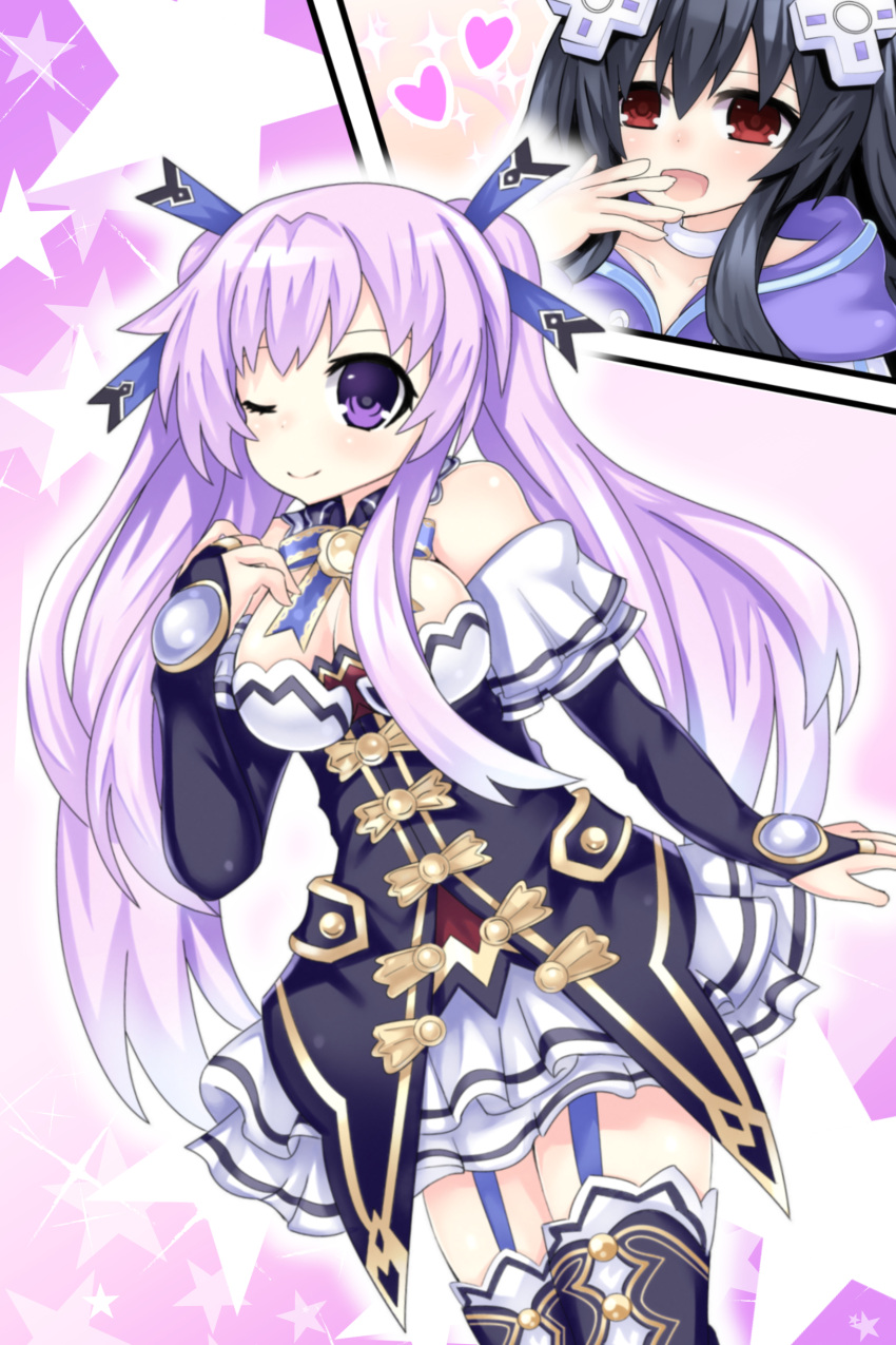 2girls, :d, ;), absurdres, adult_neptune, adult_neptune_(cosplay), alternate_breast_size, alternate_hairstyle