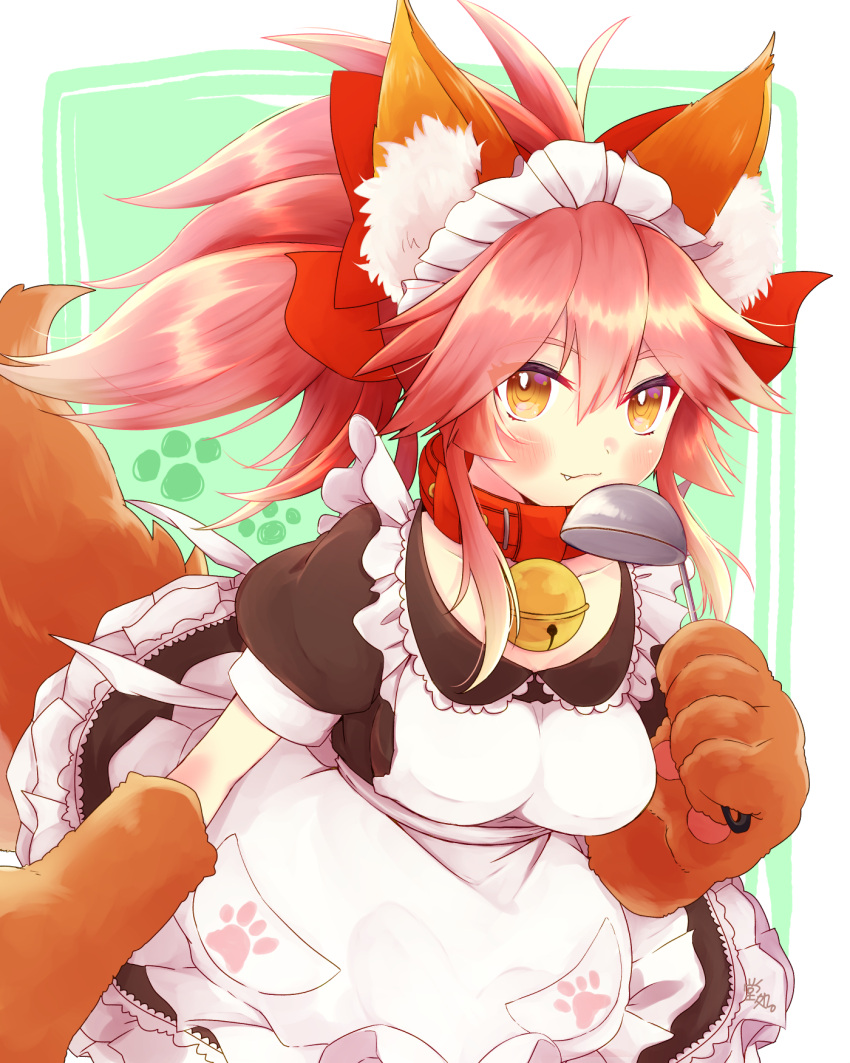 1girl, animal_ears, apron, bell, bell_collar, blush, breasts, cat_paws, closed_mouth, collar, collarbone, dousho., fangs, fate/extra, fate/grand_order, fate_(series), fox_ears, fox_tail, gloves, hair_ribbon, highres, jingle_bell, large_breasts, long_hair, looking_at_viewer, maid_headdress, paw_gloves, paws, pink_hair, ponytail, red_ribbon, ribbon, solo, tail, tamamo_(fate)_(all), tamamo_cat_(fate), tamamo_cat_(fate/grand_order), yellow_eyes