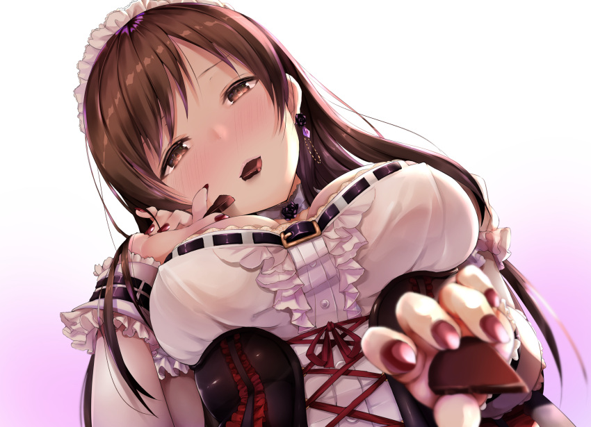 1girl, absurdres, alternate_costume, apron, bangs, blurry, blush, breasts