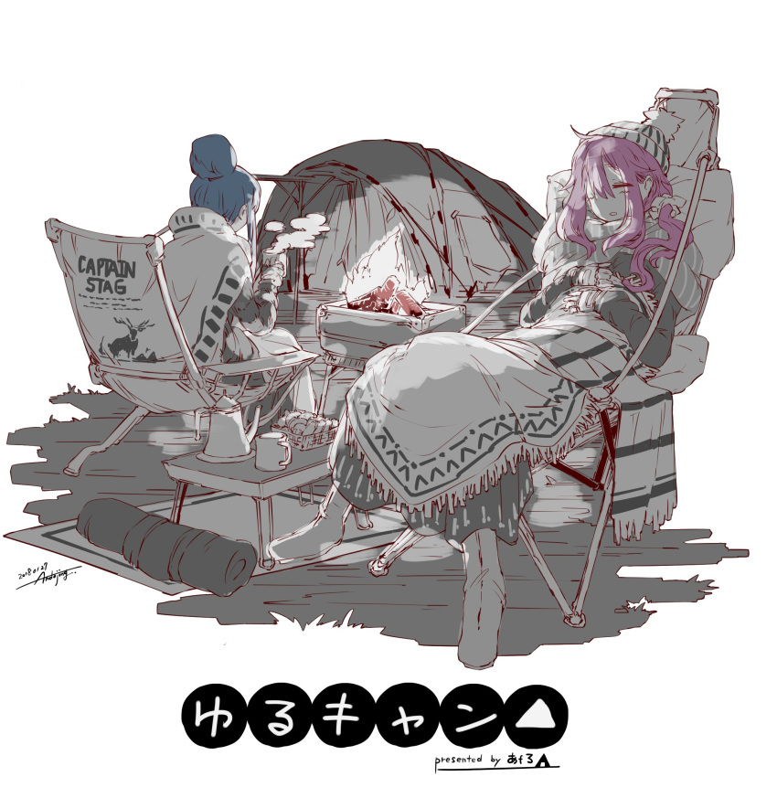 2girls, andojing, blanket, blue_hair, boots, campfire, chair, copyright_name, fingerless_gloves, gloves, hair_bun, highres, kagamihara_nadeshiko, long_hair, multiple_girls, pink_hair, shima_rin, sleeping, sleeping_bag, yurucamp