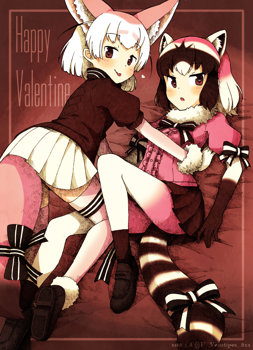 2girls, absurdres, all_fours, animal_ears, bow, bowtie, brown_legwear, brown_sweater, common_raccoon_(kemono_friends), enk_0822, extra_ears, fang, fennec_(kemono_friends), fox_ears, fox_tail, fur_collar, fur_trim, gloves, highres, kemono_friends, looking_at_viewer, multicolored_hair, multiple_girls, open_mouth, pink_sweater, raccoon_ears, raccoon_tail, ribbon, short_hair, smile, striped_tail, sweater, tail, tail_ribbon, tongue, tongue_out, valentine, yuri