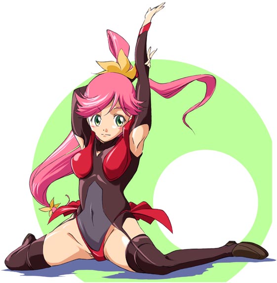 face, green_eyes, gunxsword, leotard, pink_hair, ponytail, priscilla_(gunxsword), split
