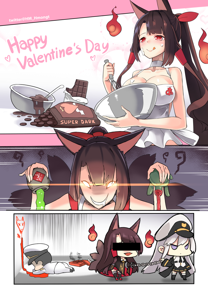 1boy, 2girls, :d, admiral_(azur_lane), akagi_(azur_lane), alternate_costume, alternate_hairstyle, apron
