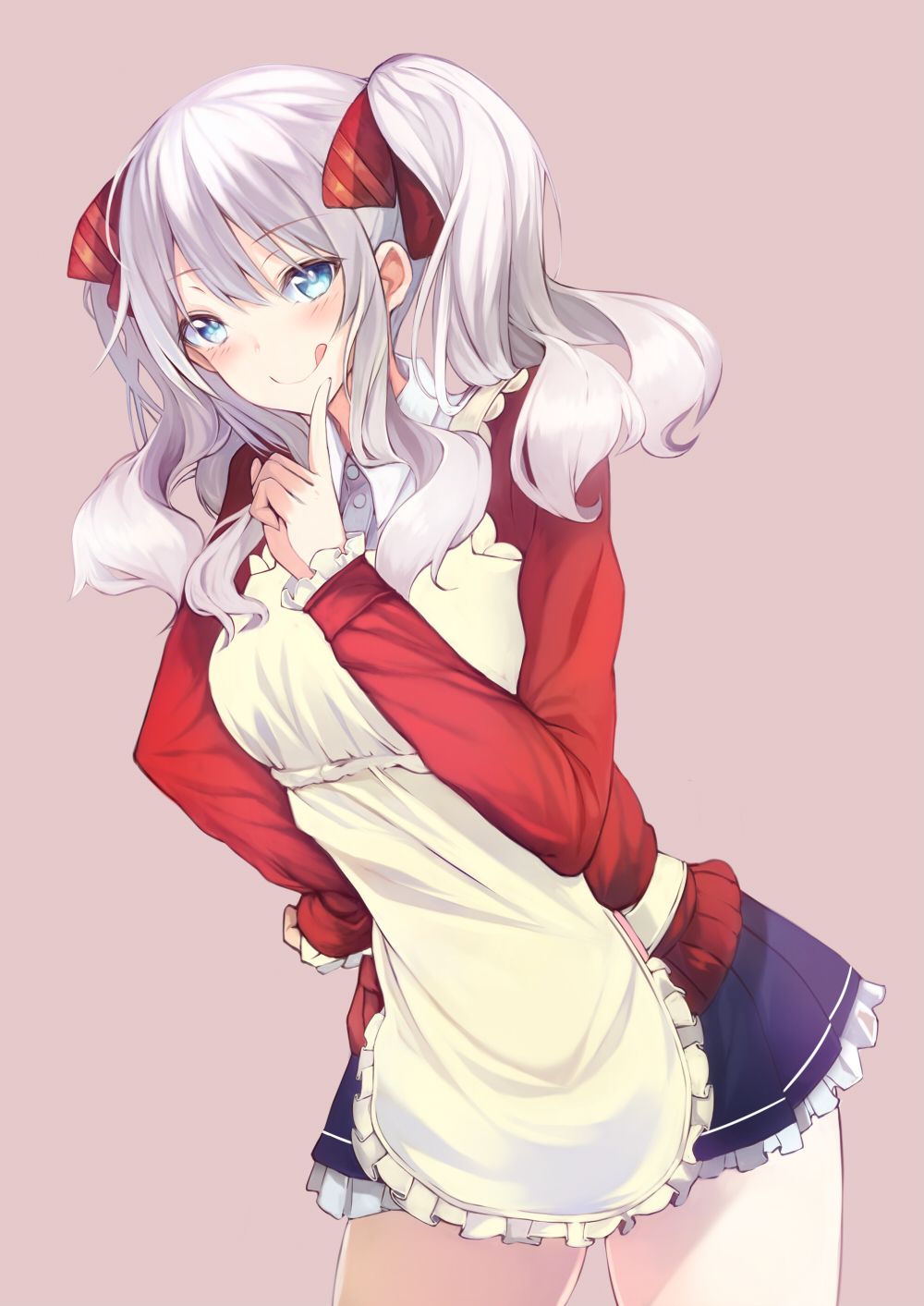 1girl, :q, alternate_costume, apron, bangs, blue_eyes, blue_skirt, bright_pupils