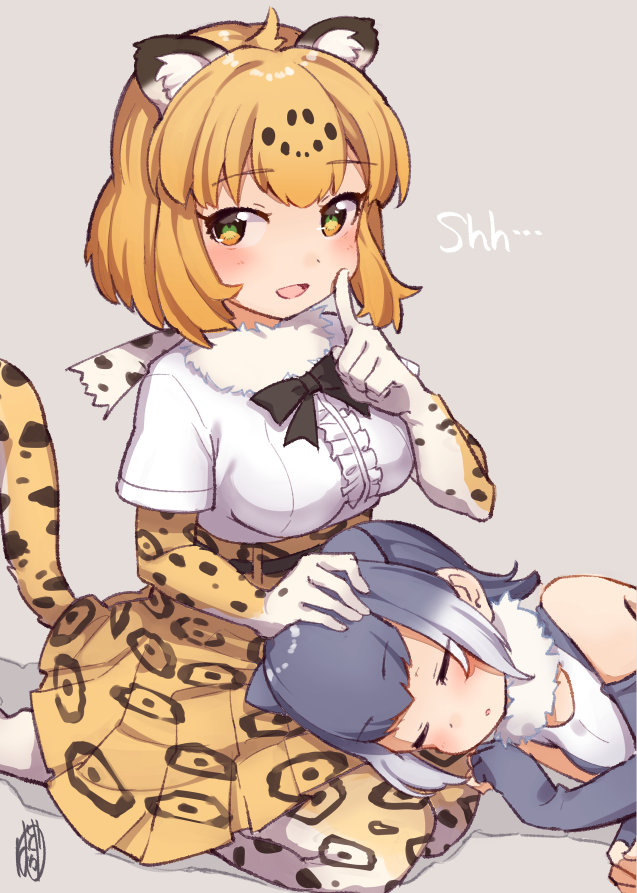 2girls, bare_shoulders, blush, bow, bowtie, closed_eyes, finger_to_mouth, fingerless_gloves