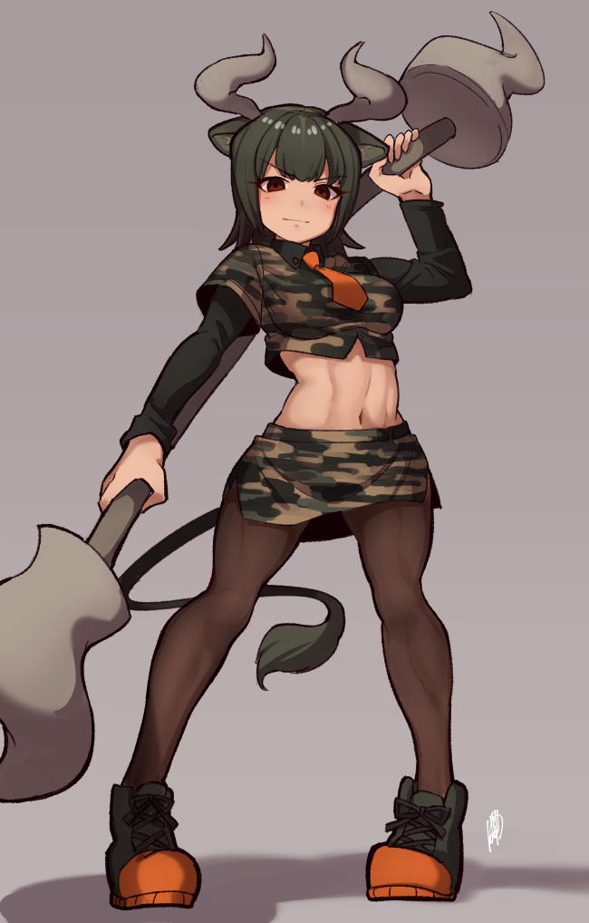 1girl, abs, animal_ears, arched_back, aurochs_(kemono_friends), bangs, black_footwear, black_legwear