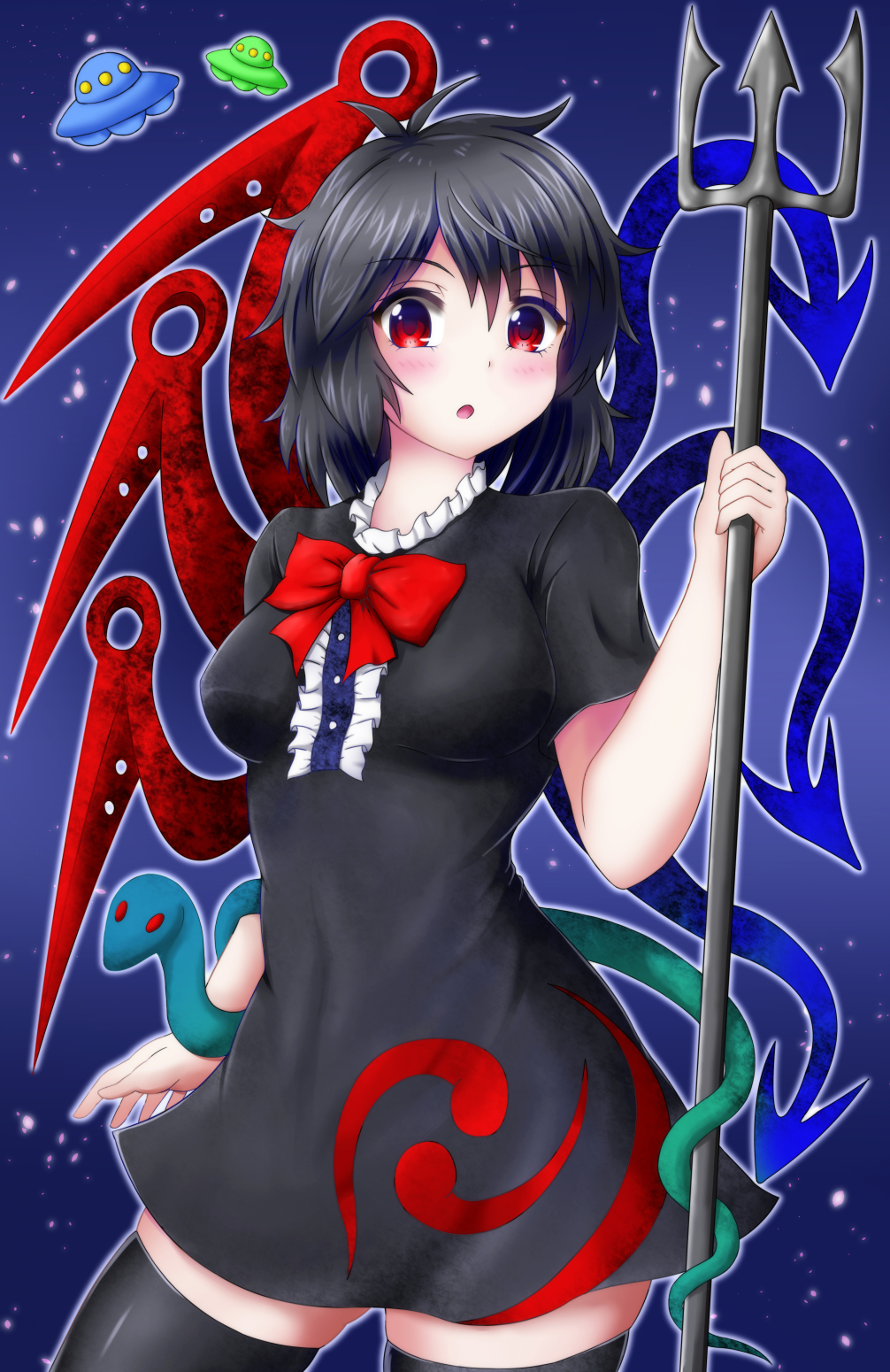 1girl, :o, asymmetrical_wings, black_dress, black_hair, black_legwear, blush, bow