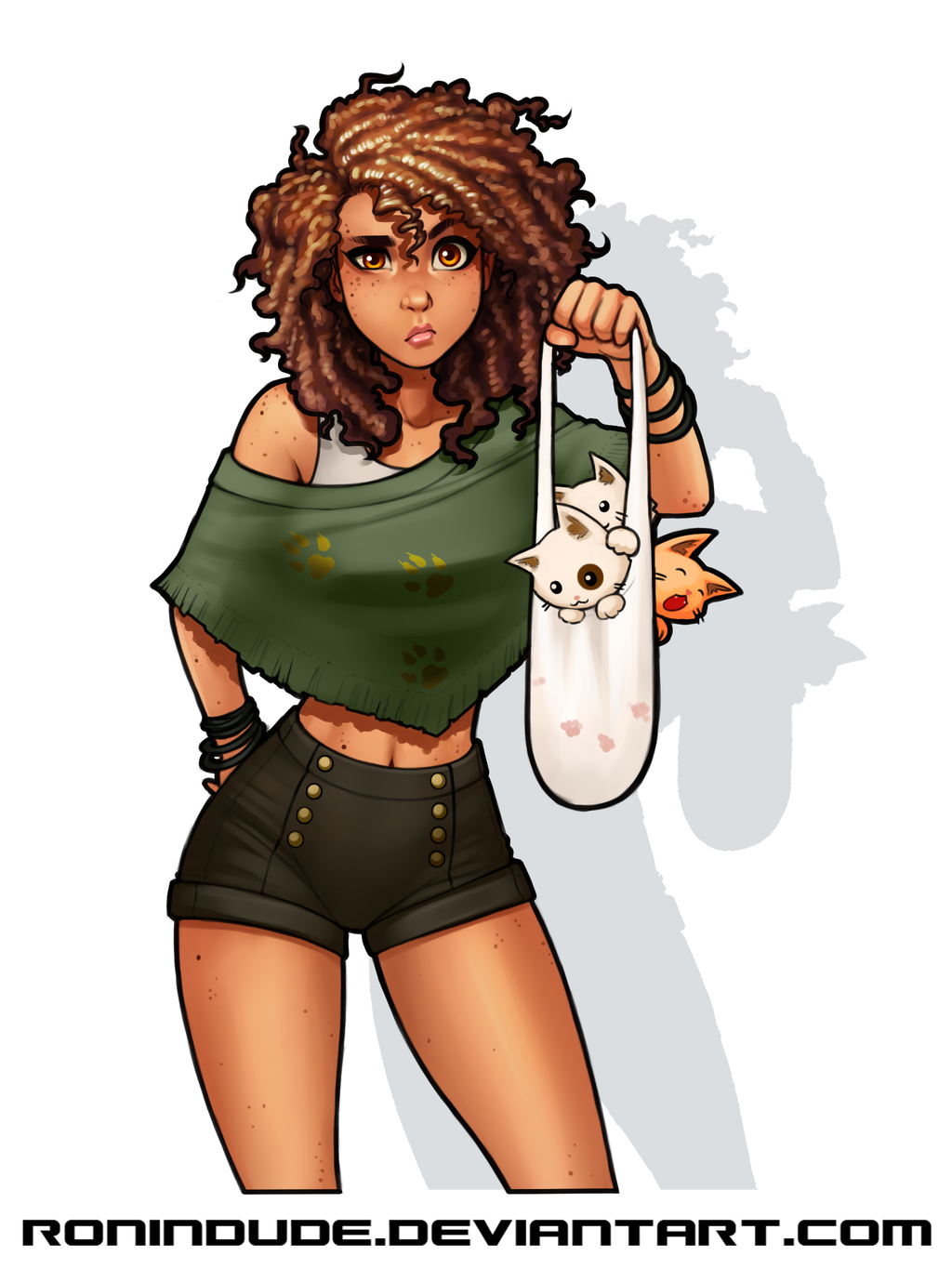 1girl, bag, bracelet, brown_eyes, brown_hair, casual, cat, commentary