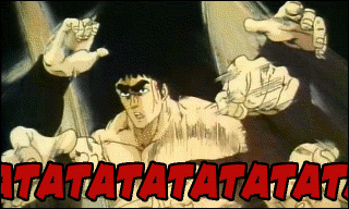 action, animated, animated_gif, attack, battle, eyebrows, gif, hokuto_hyakuretsu_ken, hokuto_no_ken, kenshiro, kenshirou, lowres, male, muscle, punch, punching, screencap, solo, text