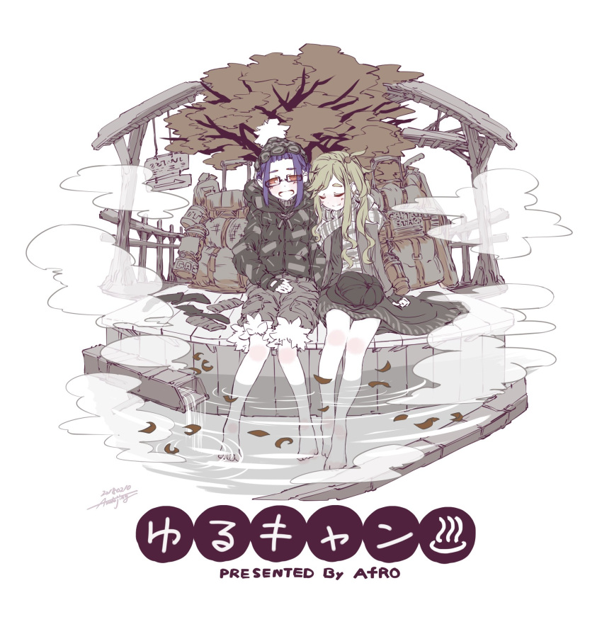 2girls, andojing, artist_name, ashiyu, autumn, autumn_leaves, bangs, bare_legs