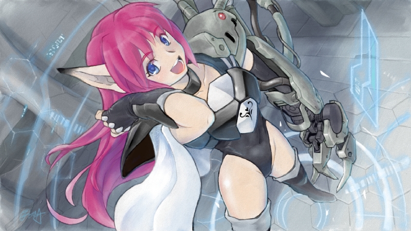 1girl, :d, armor, black_footwear, black_gloves, black_leotard, blue_eyes, boots