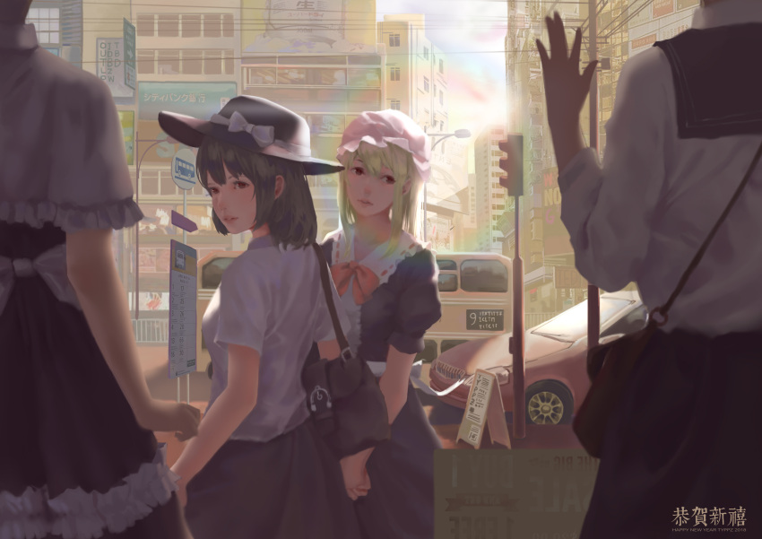 2018, 2girls, absurdres, bag, black_dress, blonde_hair, brown_hair, building