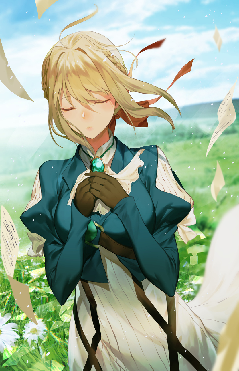 1girl, bangs, blonde_hair, blue_eyes, blue_jacket, braid, brooch, closed