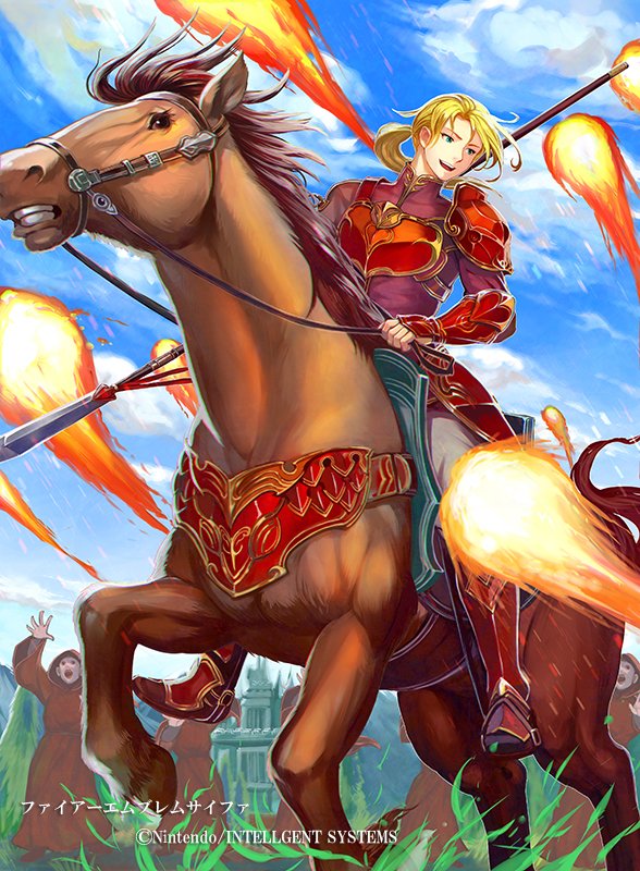 1boy, armor, armored_boots, blonde_hair, blue_eyes, boots, company_name, day