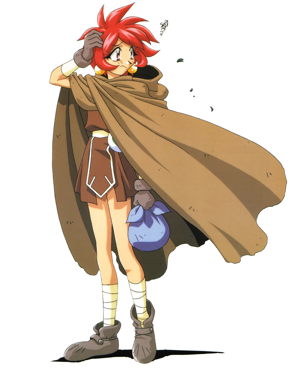 1girl, 90s, cloak, earrings, full_body, gloves, hand_on_head, highres
