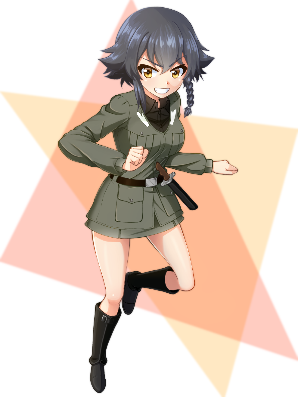 1girl, anzio_military_uniform, bangs, belt, black_belt, black_footwear, black_hair, black_shirt