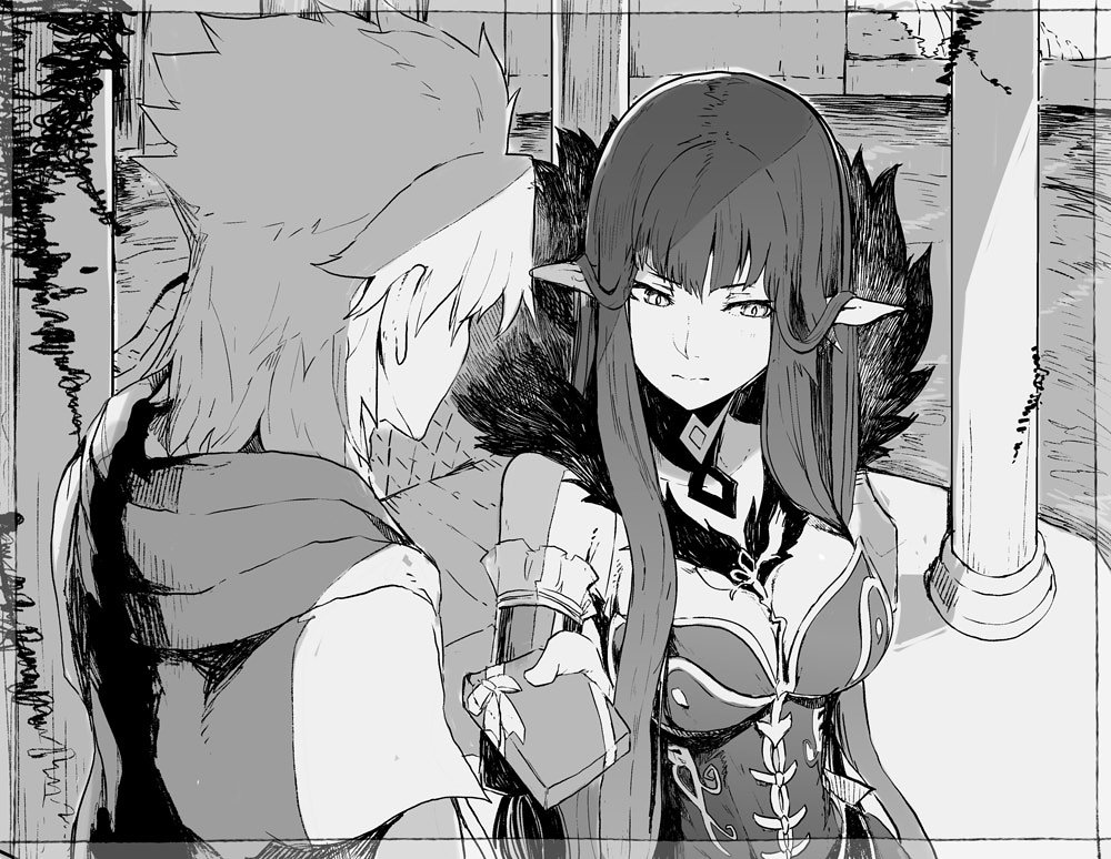 1boy, 1girl, amakusa_shirou_(fate), architecture, bare_shoulders, blush, breasts, cape