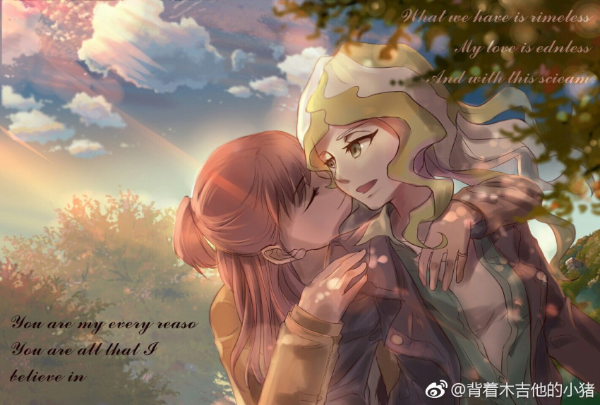 2girls, beizhe_mu_jita_de_xiao_zhu, blonde_hair, blue_eyes, brown_hair, cheek_kiss, closed_eyes, diana_cavendish