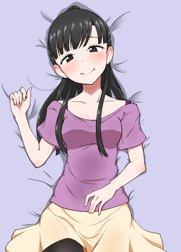 1girl, bed_sheet, black_eyes, black_hair, black_legwear, blush, bra_strap, breasts